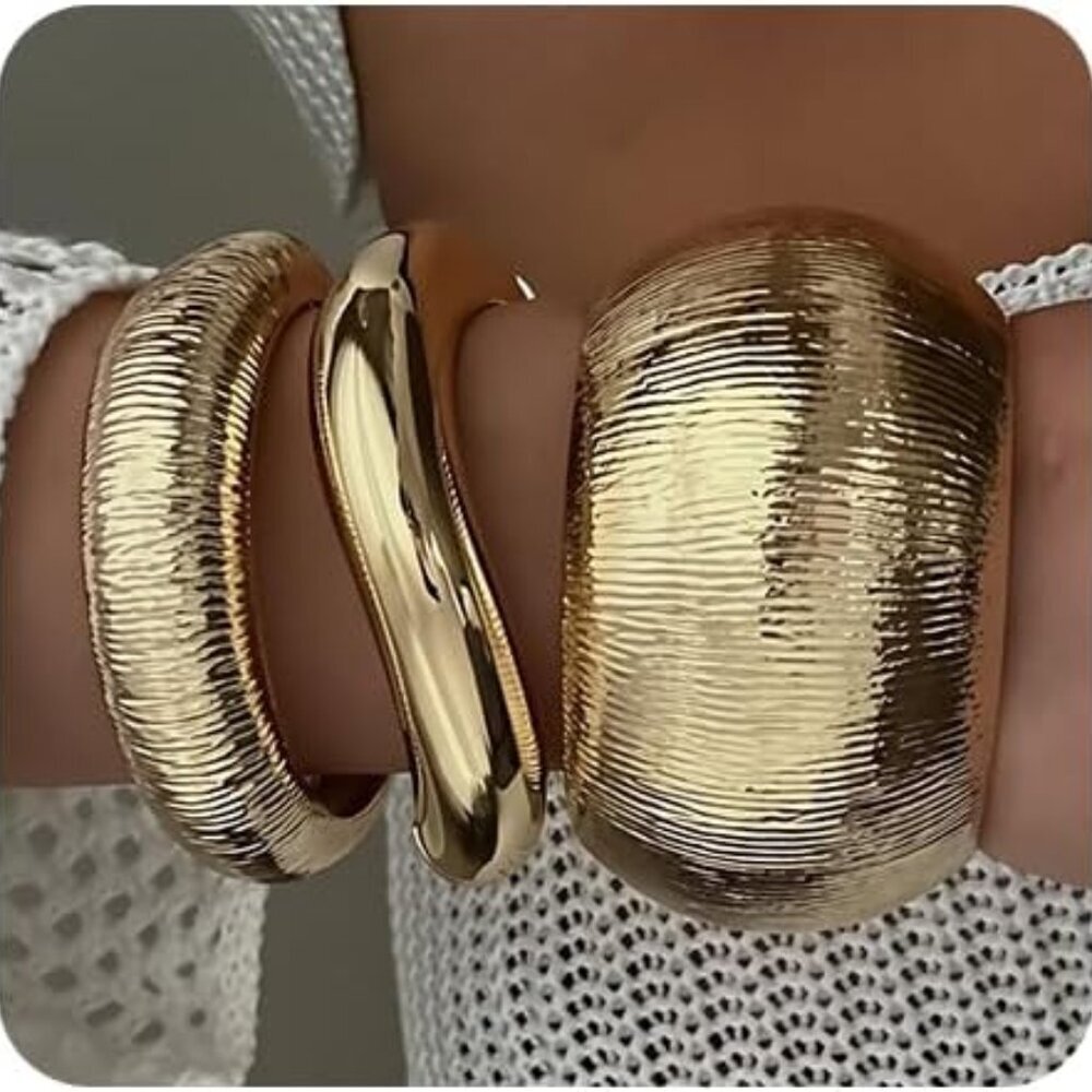 Gold Bangle Bracelets Stackable Wide Cuff Jewelry… - image 1